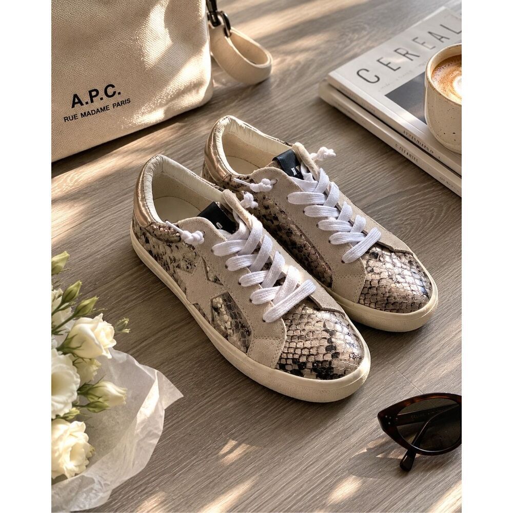 Steve Madden Women’s Pursued Gold Metallic Snakeskin Lace-Up Sneakers Size 7M